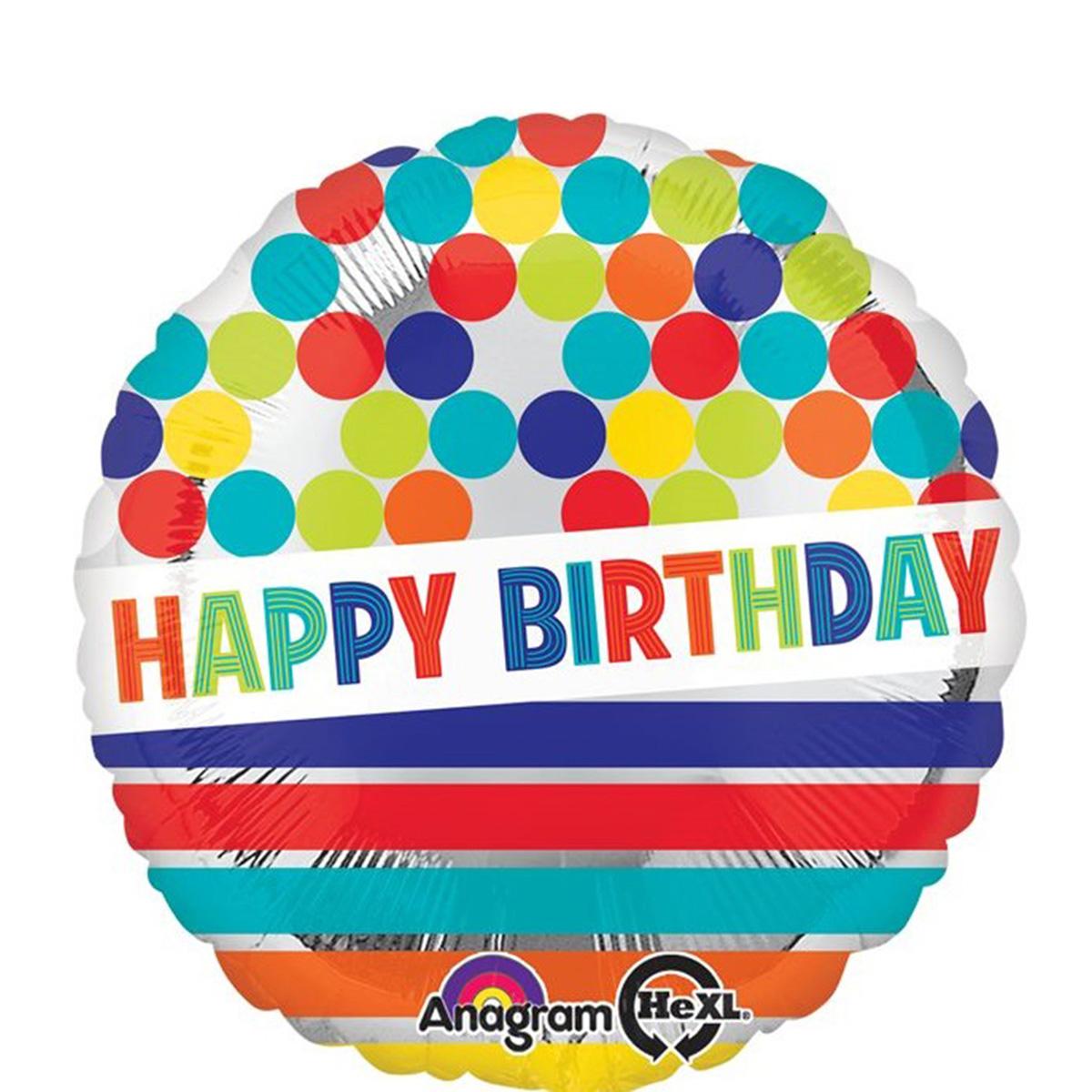 Happy Birthday Dots & Stripes on Silver Foil Balloon 18in Balloons & Streamers - Party Centre - Party Centre