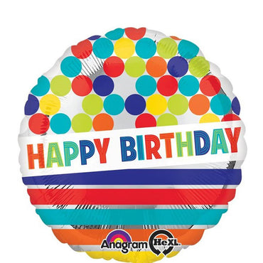 Happy Birthday Dots & Stripes on Silver Foil Balloon 18in Balloons & Streamers - Party Centre - Party Centre