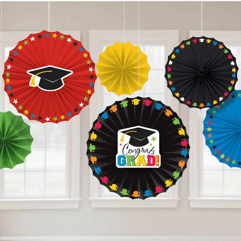 Graduation Multicolor Paper Fan Decoration 6pcs Decorations - Party Centre