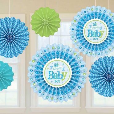 Welcome Little One Baby Boy Paper Fan 6pcs Decorations - Party Centre - Party Centre