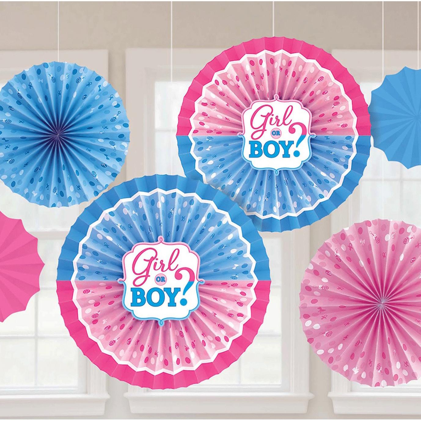 Girl Or Boy? Paper Fan Decorations 6pcs - Party Centre