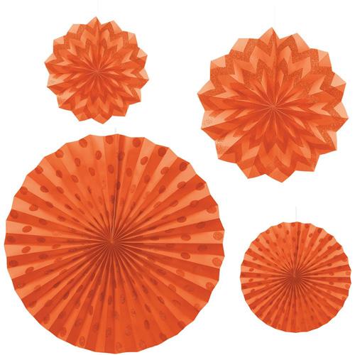 Orange Peel Dots & Chevron Glitter Paper Fans 4pcs Decorations - Party Centre - Party Centre