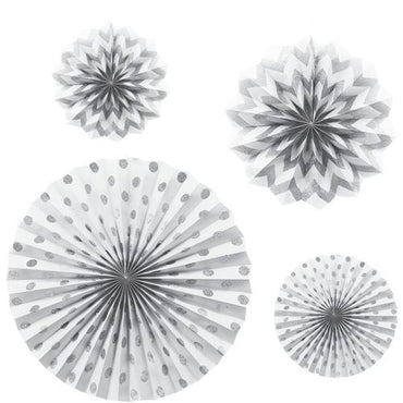 Frosty White Dots & Chevron Glitter Paper Fans 4pcs Decorations - Party Centre - Party Centre