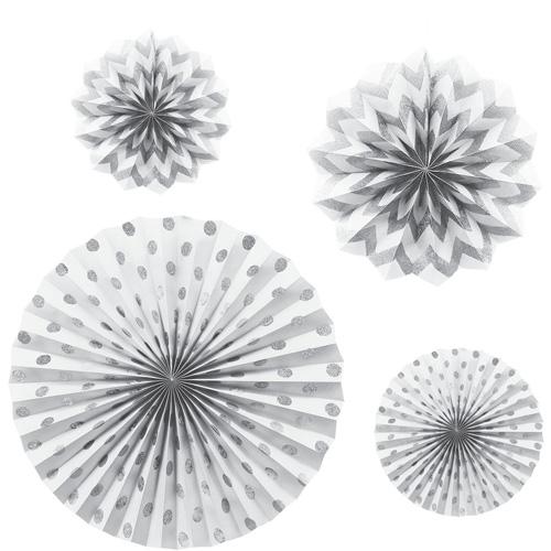 Frosty White Dots & Chevron Glitter Paper Fans 4pcs Decorations - Party Centre