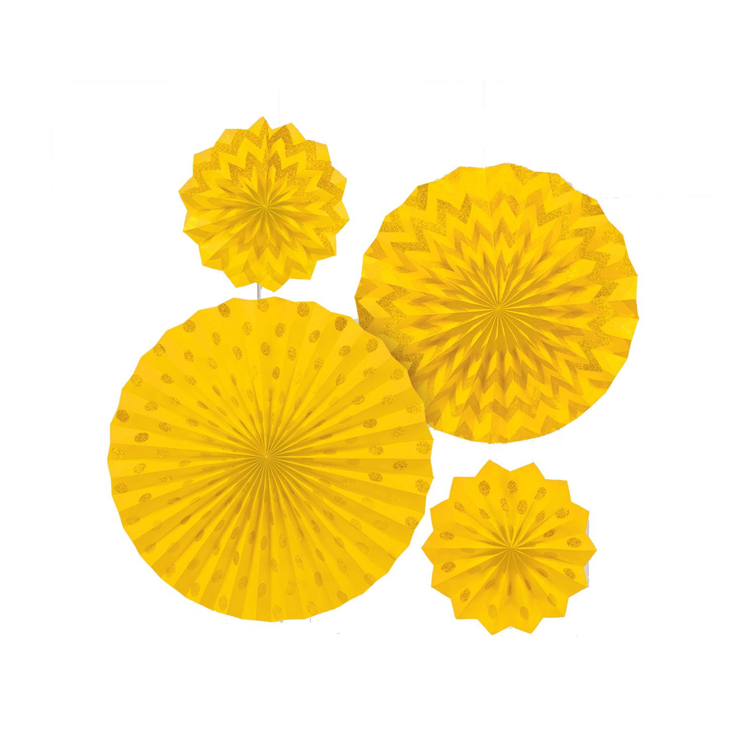 Yellow Sunshine Dots & Chevron Glitter Paper Fans 4pcs Decorations - Party Centre - Party Centre