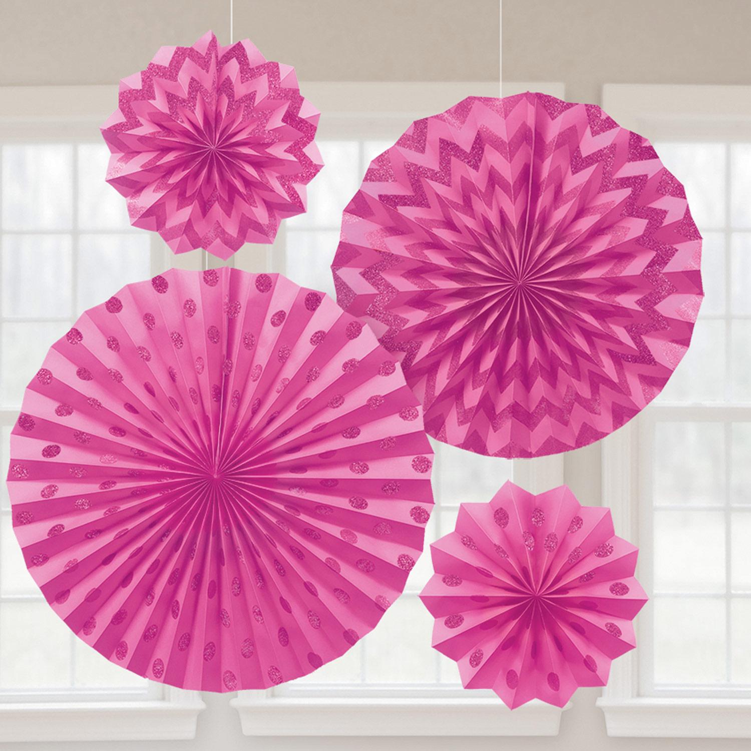 Bright Pink Glitter Paper Fans 4pcs Decorations - Party Centre - Party Centre
