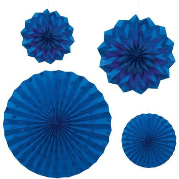 Bright Royal Blue Dots & Chevron Glitter Paper Fans 4pcs Decorations - Party Centre - Party Centre