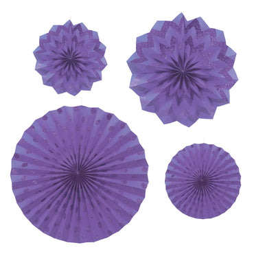 New Purple Dots and Chevron Glitter Paper Fans 4pcs Decorations - Party Centre - Party Centre