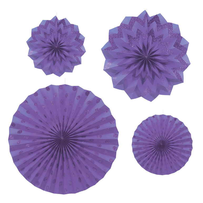 New Purple Dots and Chevron Glitter Paper Fans 4pcs Decorations - Party Centre