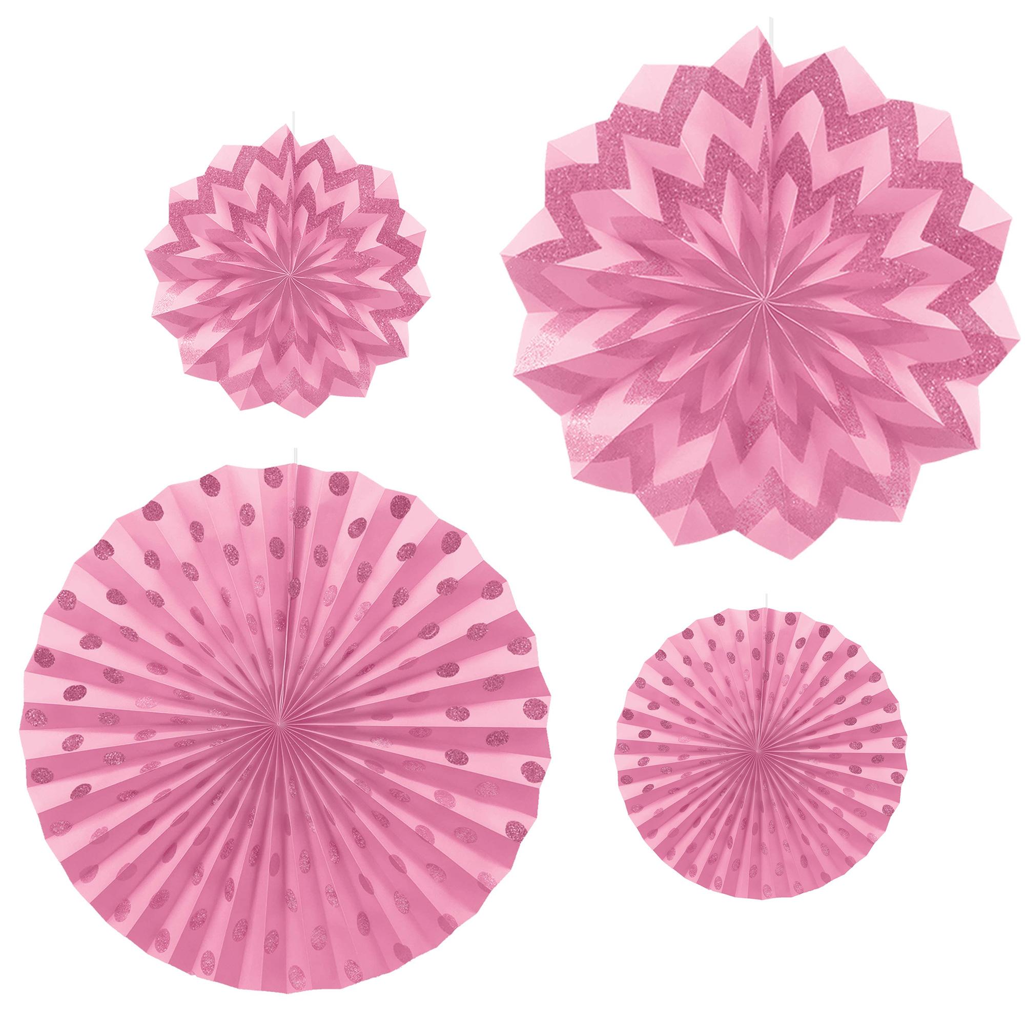 New Pink Dots & Chevron Glitter Paper Fans 4pcs Decorations - Party Centre - Party Centre