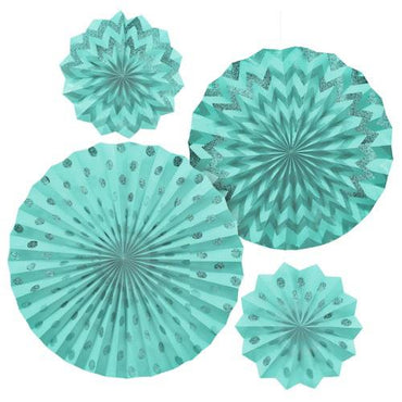 Robin's Egg Blue Dots & Chevron Glitter Paper Fans 4pcs Decorations - Party Centre - Party Centre