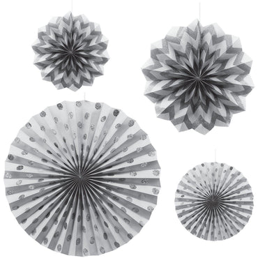 Silver Dots & Chevron Glitter Paper Fans 4pcs Decorations - Party Centre - Party Centre