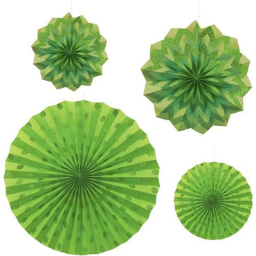 Kiwi Green Dots & Chevron Glitter Paper Fans 4pcs Decorations - Party Centre - Party Centre