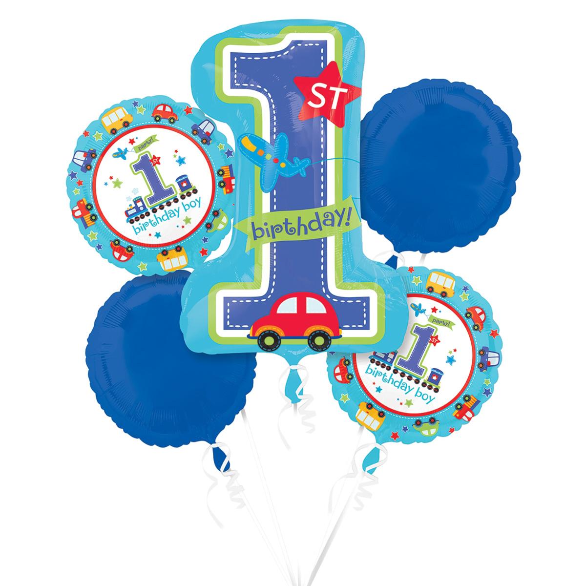 All Aboard 1st Birthday Boy Bouquet 5ct Balloons & Streamers - Party Centre - Party Centre