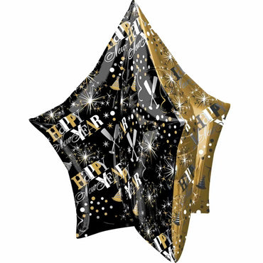 New Year Gold and Black Star UltraShape Balloon 81x86cm Balloons & Streamers - Party Centre - Party Centre