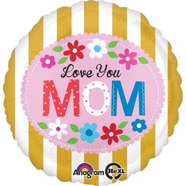 Love You Mom Gold Stripes 18in Balloons & Streamers - Party Centre - Party Centre