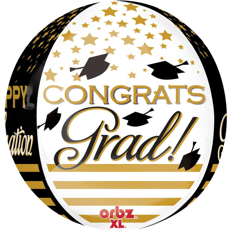 Congrats Grad Gold & Black Orbz Foil Balloon 38x40cm Balloons & Streamers - Party Centre