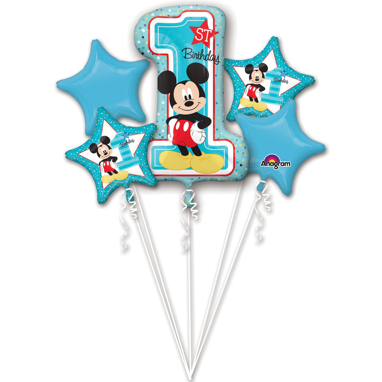 Mickey 1st Birthday Balloon Bouquet 5pcs Balloons & Streamers - Party Centre