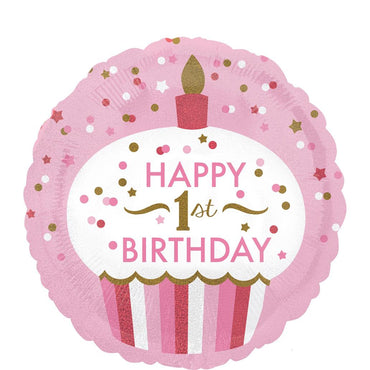 1st Birthday Cupcake Girl Holographic Foil Balloon 18in Balloons & Streamers - Party Centre - Party Centre