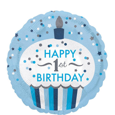 1st Birthday Cupcake Boy Holographic Foil Balloon 18in Balloons & Streamers - Party Centre - Party Centre