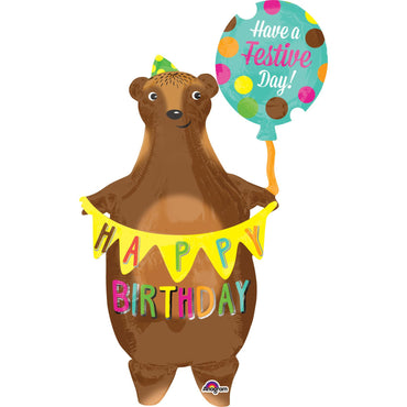 Birthday Bear with Banner SuperShape Balloon 23x96in Balloons & Streamers - Party Centre - Party Centre