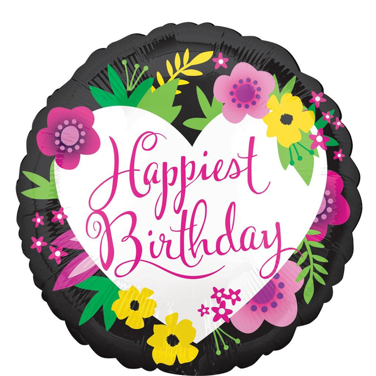 Happiest Birthday Floral Foil Balloon 45cm Balloons & Streamers - Party Centre