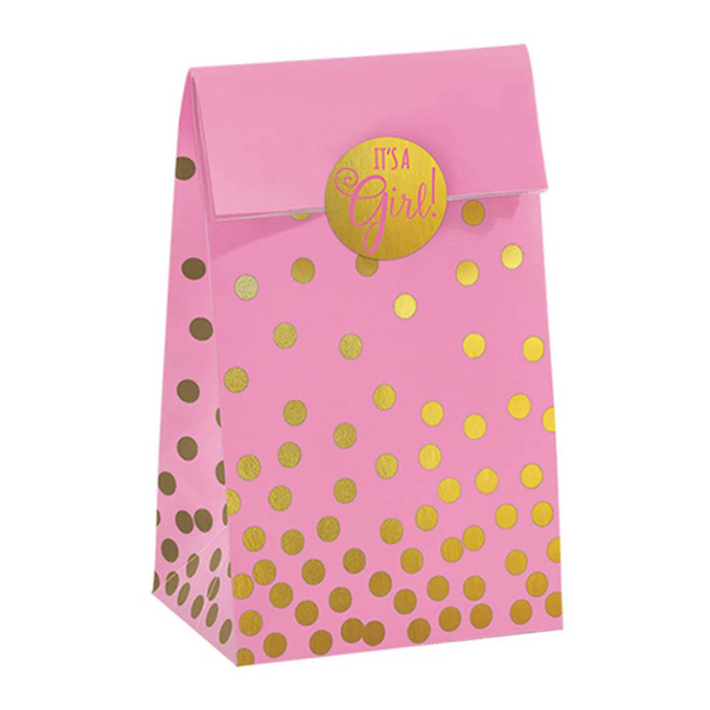Its' A Girl Pink Foil Stamped Paper Bags With Stickers 20pcs Favours - Party Centre - Party Centre