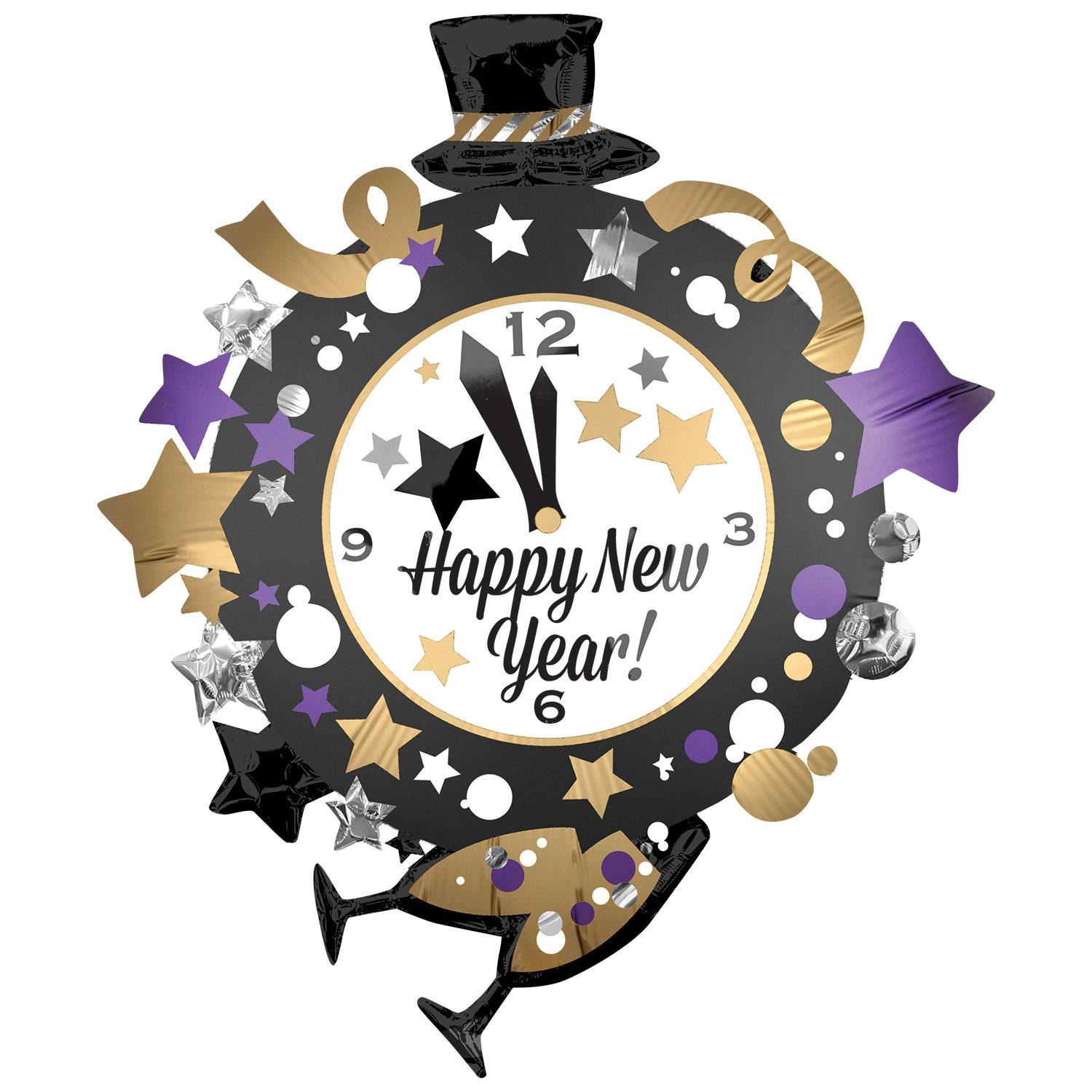 Happy New Year Clock SuperShape Foil Balloon 76x88cm Balloons & Streamers - Party Centre - Party Centre