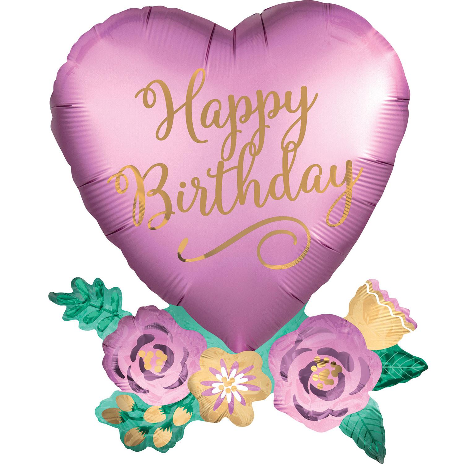 Birthday Satin Heart with Flowers SuperShape Balloon 58x76cm Balloons & Streamers - Party Centre - Party Centre