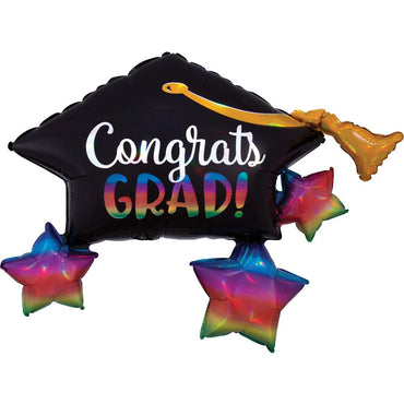 Graduation Cap & Stars Iridescent SuperShape Balloon 86x48cm Balloons & Streamers - Party Centre - Party Centre