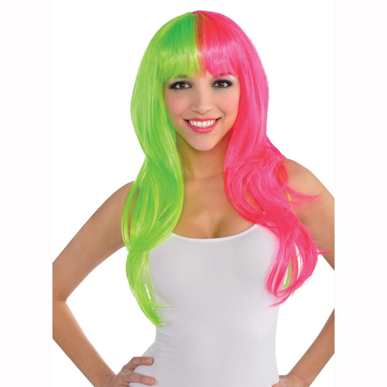 Glamorous Neon Pink And Green Wig Costumes & Apparel - Party Centre