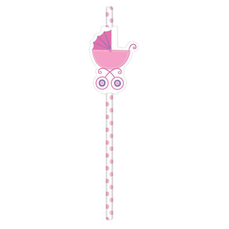 Pink Baby Shower Paper Straws 9in, 12pcs Candy Buffet - Party Centre