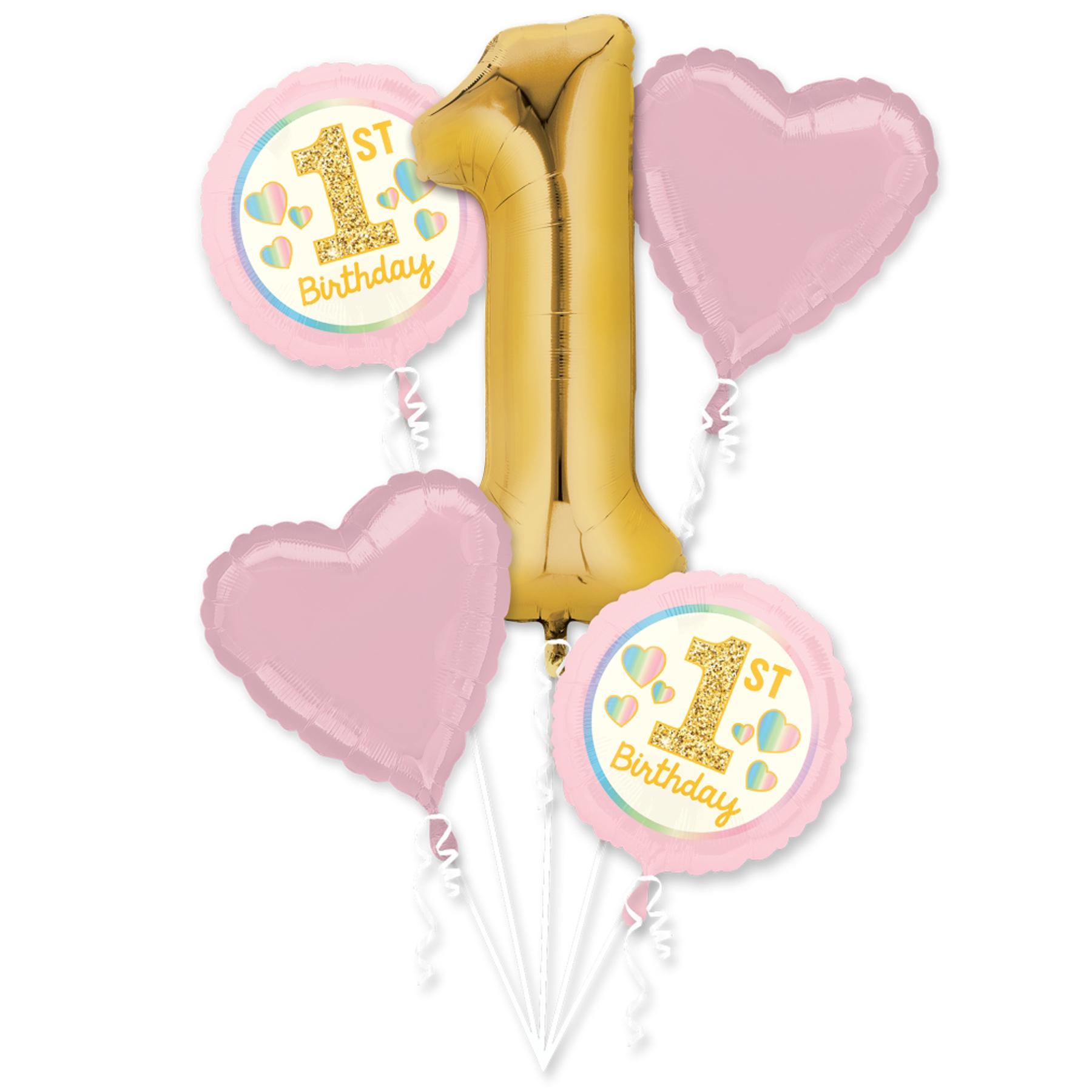 Girl 1st Birthday Pink & Gold Balloon Bouquet 5pcs Balloons & Streamers - Party Centre - Party Centre