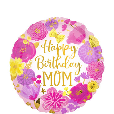 Happy Birthday Mom Painted Flowers Foil Balloon 45cm Balloons & Streamers - Party Centre - Party Centre