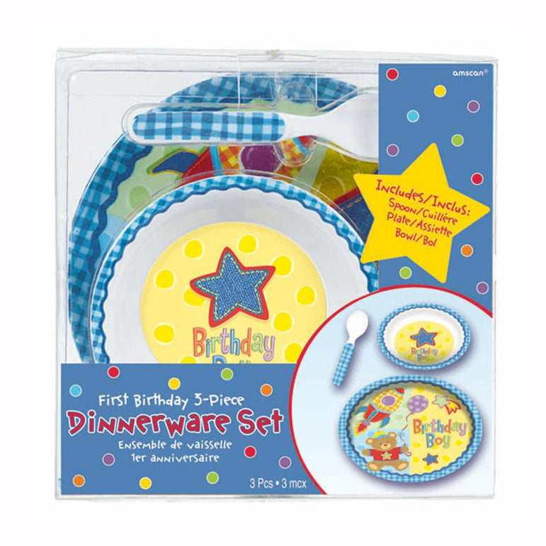 Hugs And Stitches Boy Melamine Dish Set 3pcs Solid Tableware - Party Centre