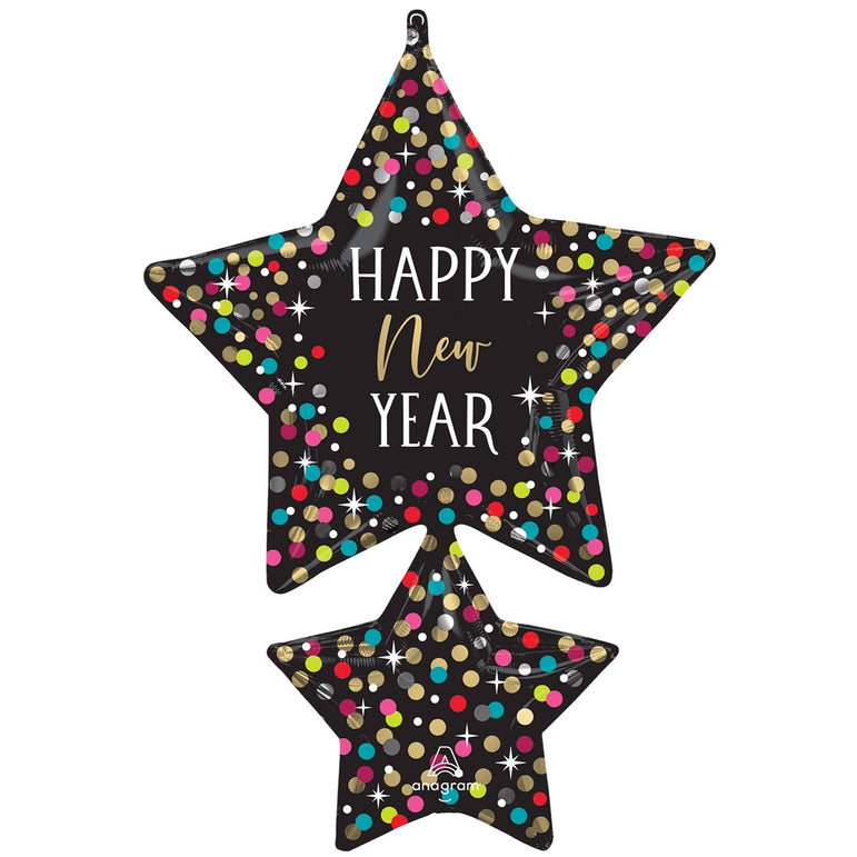 Happy New Year Colorful Confetti Stars Supershape Foil Balloon