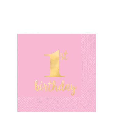 Pink Premium 1st Birthday Beverage Tissues 16pcs Printed Tableware - Party Centre - Party Centre