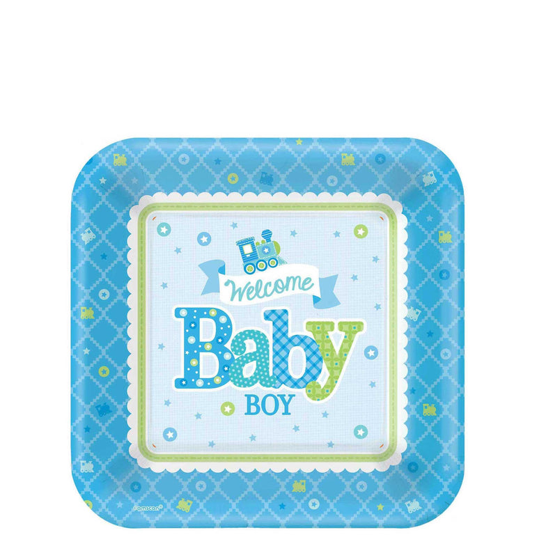 Welcome Little One Boy Square Paper Plates 7in, 8pcs Printed Tableware - Party Centre