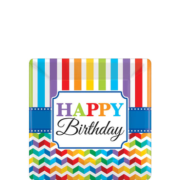 Bright Birthday Square Plates 7in, 8pcs Printed Tableware - Party Centre - Party Centre