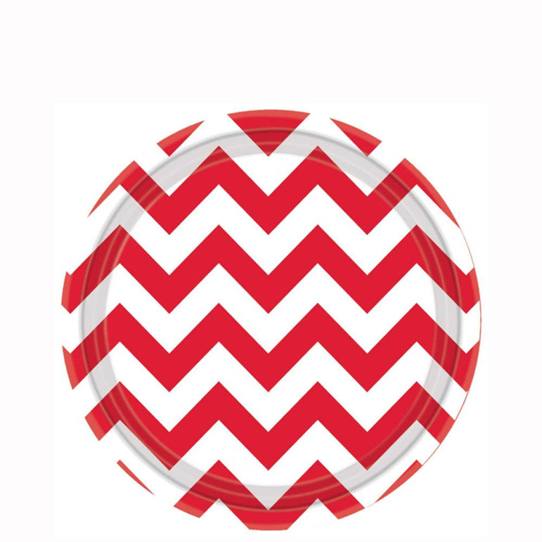 Apple Red  Chevron Round Party Paper Plates 7in 8pcs Printed Tableware - Party Centre