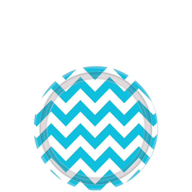 Caribbean Blue Chevron Round Paper Plates 7in 8pcs Printed Tableware - Party Centre