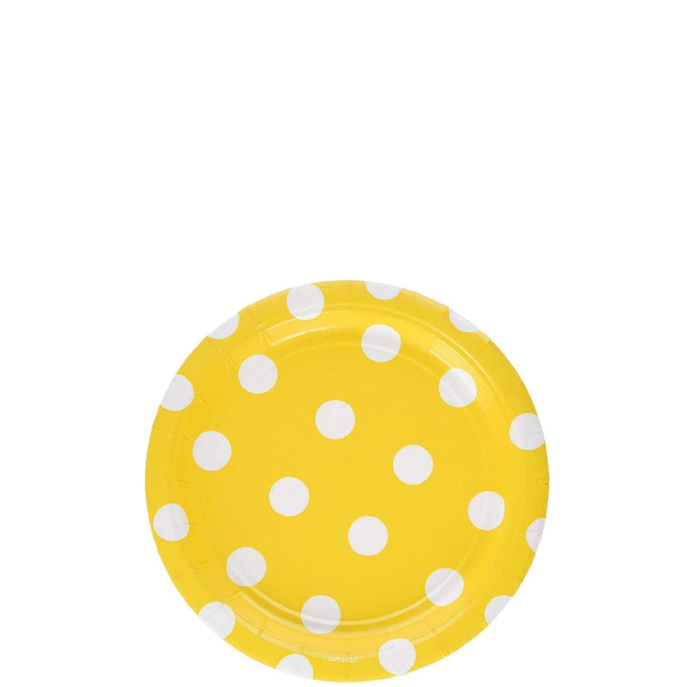 Yellow Sunshine Dots Round Party Paper Plates 7in 8pcs Printed Tableware - Party Centre