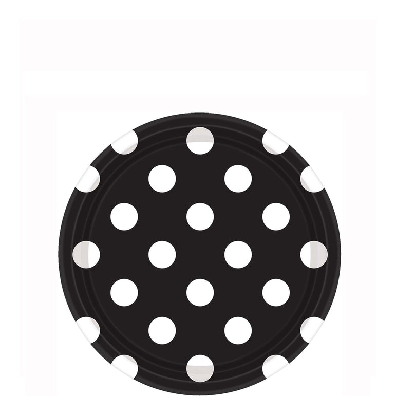 Jet Black Dots Paper Plates 7in, 8pcs Printed Tableware - Party Centre