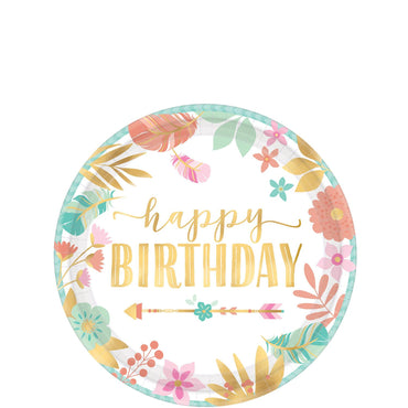 Boho Birthday Girl Metallic Paper Plates 7in, 8pcs Printed Tableware - Party Centre - Party Centre