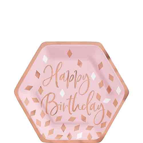 Blush Birthday Metallic Hexagon Paper Plates 7in, 8pcs - Party Centre