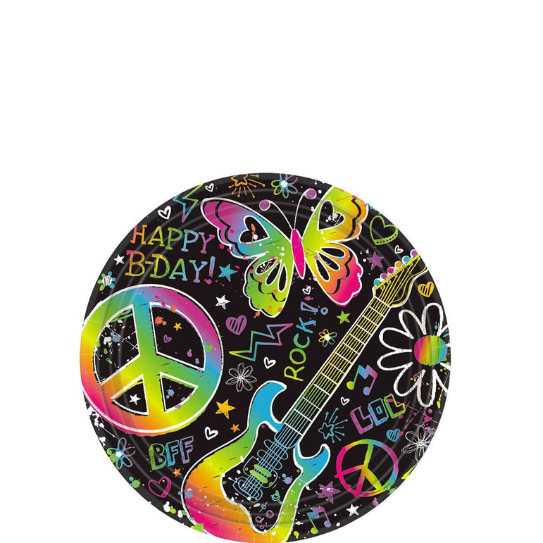 Neon Doodle Round Plates 7in, 8pcs Printed Tableware - Party Centre