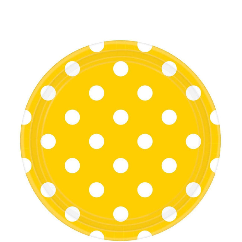 Yellow Sunshine Dots Round Party Paper Plates 9in 8pcs Printed Tableware - Party Centre