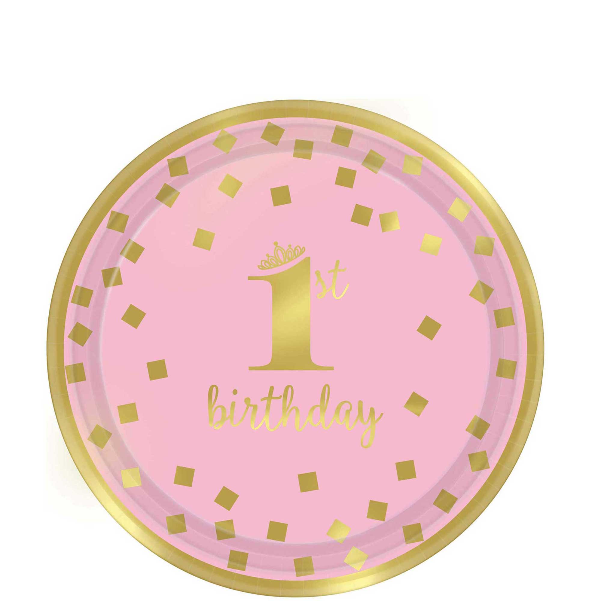 1st Birthday Girl - Gold Metallic Paper Plates 9in, 8pcs Printed Tableware - Party Centre - Party Centre