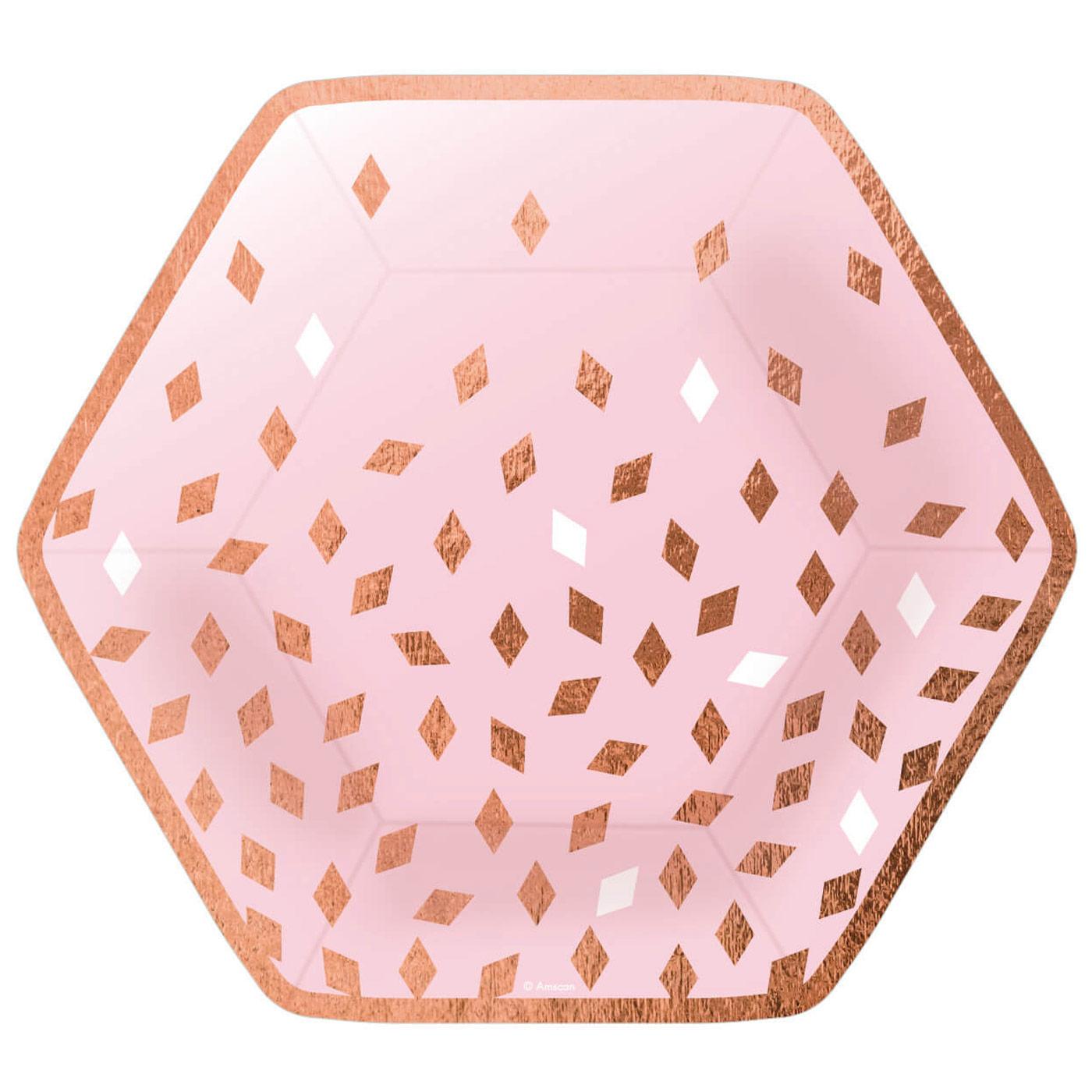 Rose Gold Birthday Hexagonal Paper Plates 9in, 8pcs Printed Tableware - Party Centre - Party Centre