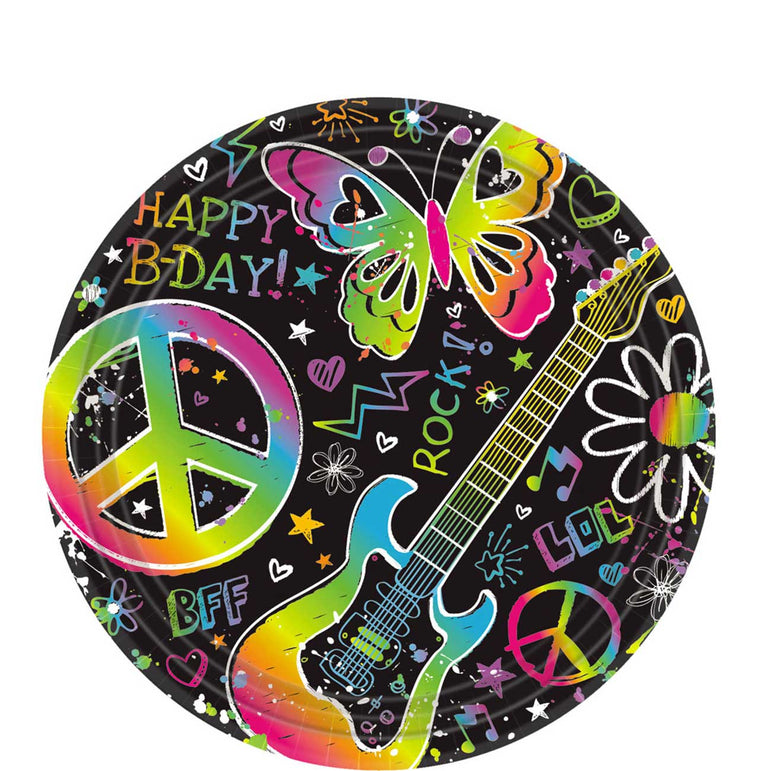 Neon Doodle Dinner Plates 9in, 8pcs Printed Tableware - Party Centre